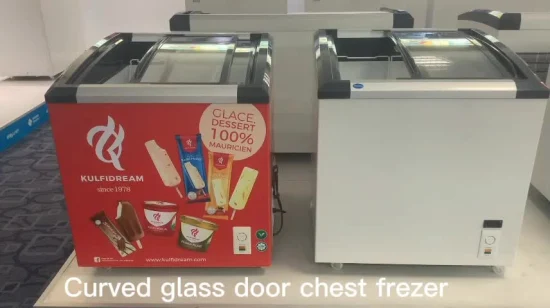 Коммерческие холодильники заводская цена изогнутые раздвижные стеклянные двери морозильной камеры для курицы, рыбы, морепродуктов, мороженого